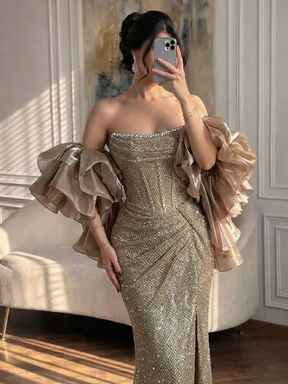 Luxury Gold Strapless Crystal Beaded Mermaid Evening Dress With Cape LA73489