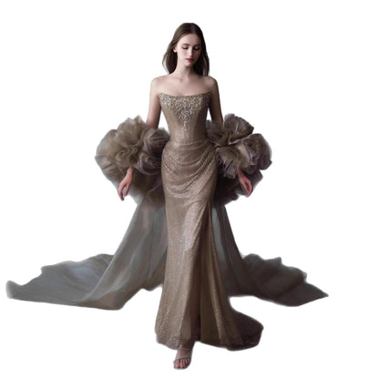 Luxury Gold Strapless Crystal Beaded Mermaid Evening Dress With Cape LA73489A