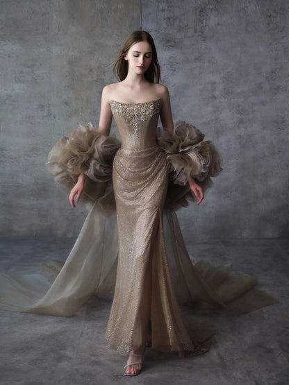 Luxury Gold Strapless Crystal Beaded Mermaid Evening Dress With Cape LA73489A