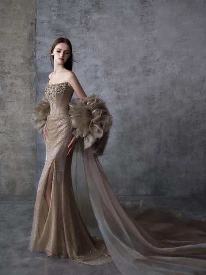 Luxury Gold Strapless Crystal Beaded Mermaid Evening Dress With Cape LA73489A