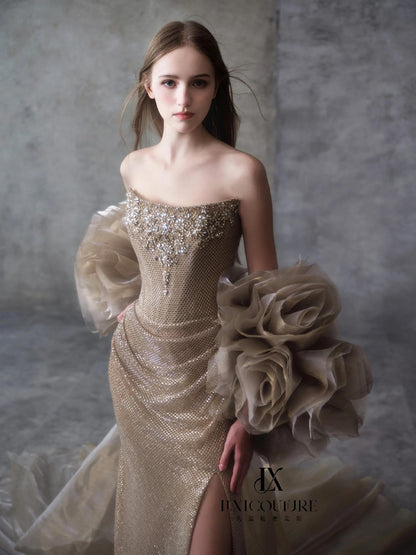 Luxury Gold Strapless Crystal Beaded Mermaid Evening Dress With Cape LA73489A