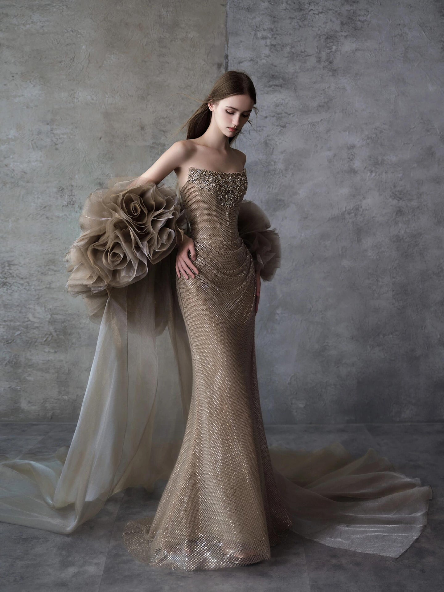 Luxury Gold Strapless Crystal Beaded Mermaid Evening Dress With Cape LA73489A