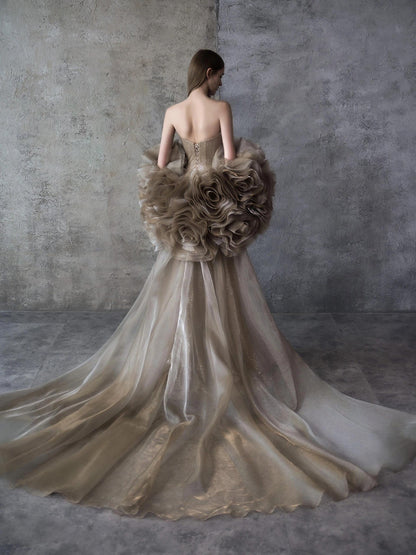 Luxury Gold Strapless Crystal Beaded Mermaid Evening Dress With Cape LA73489A