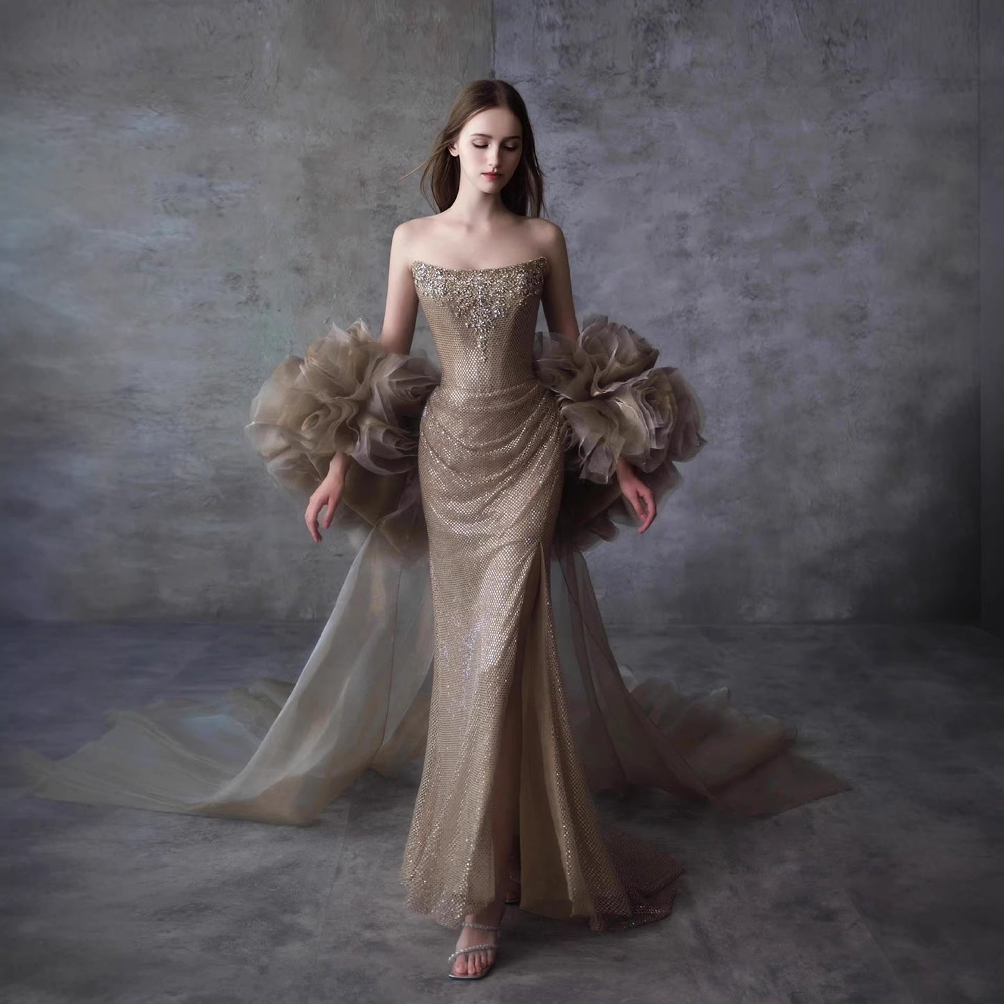 Luxury Gold Strapless Crystal Beaded Mermaid Evening Dress With Cape LA73489A