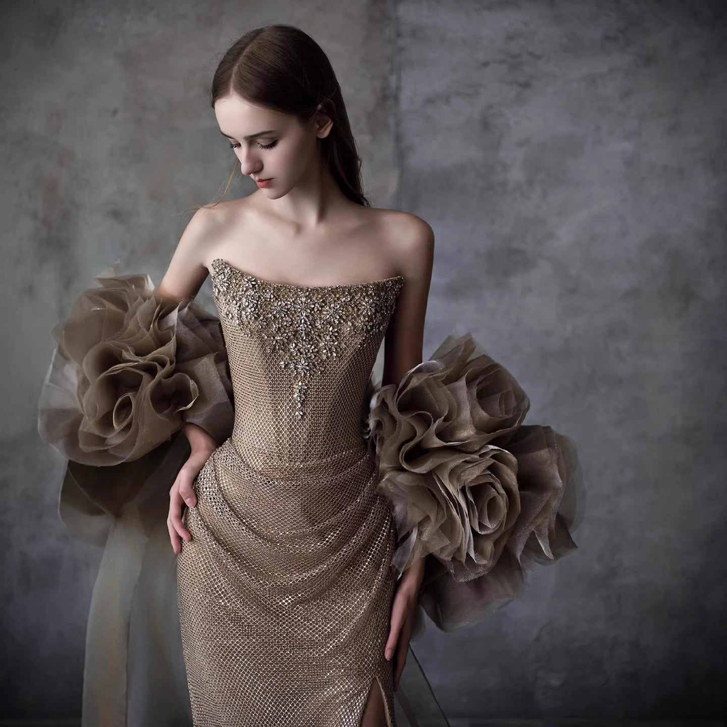 Luxury Gold Strapless Crystal Beaded Mermaid Evening Dress With Cape LA73489A