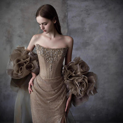 Luxury Gold Strapless Crystal Beaded Mermaid Evening Dress With Cape LA73489A