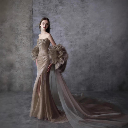 Luxury Gold Strapless Crystal Beaded Mermaid Evening Dress With Cape LA73489A