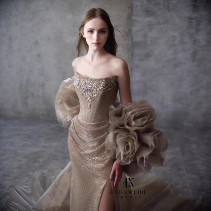 Luxury Gold Strapless Crystal Beaded Mermaid Evening Dress With Cape LA73489A