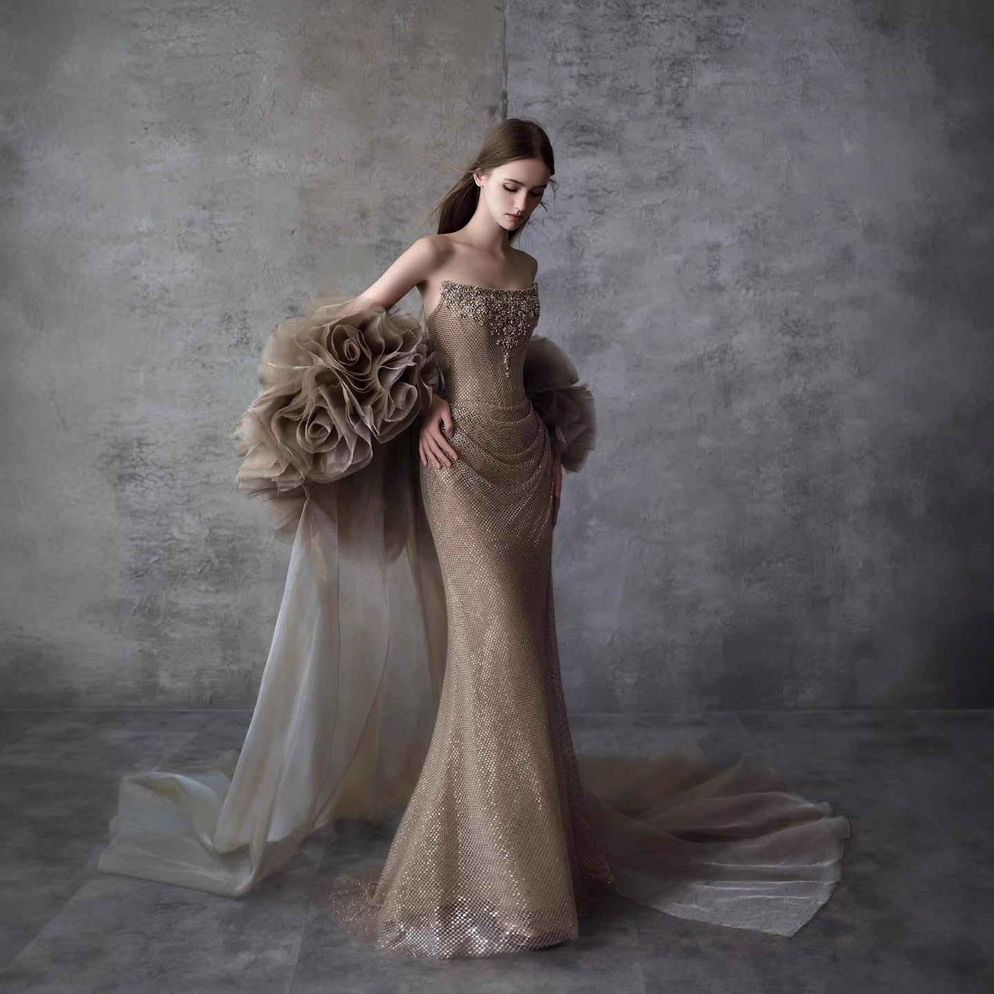 Luxury Gold Strapless Crystal Beaded Mermaid Evening Dress With Cape LA73489A