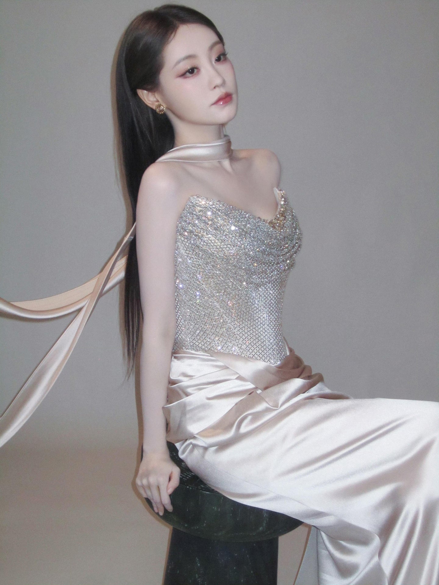 Luxury Champagne Beaded Mermaid Evening Dress With Scarf LA73490
