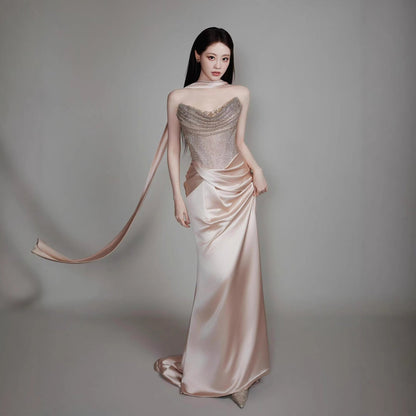 Luxury Champagne Beaded Mermaid Evening Dress With Scarf LA73490