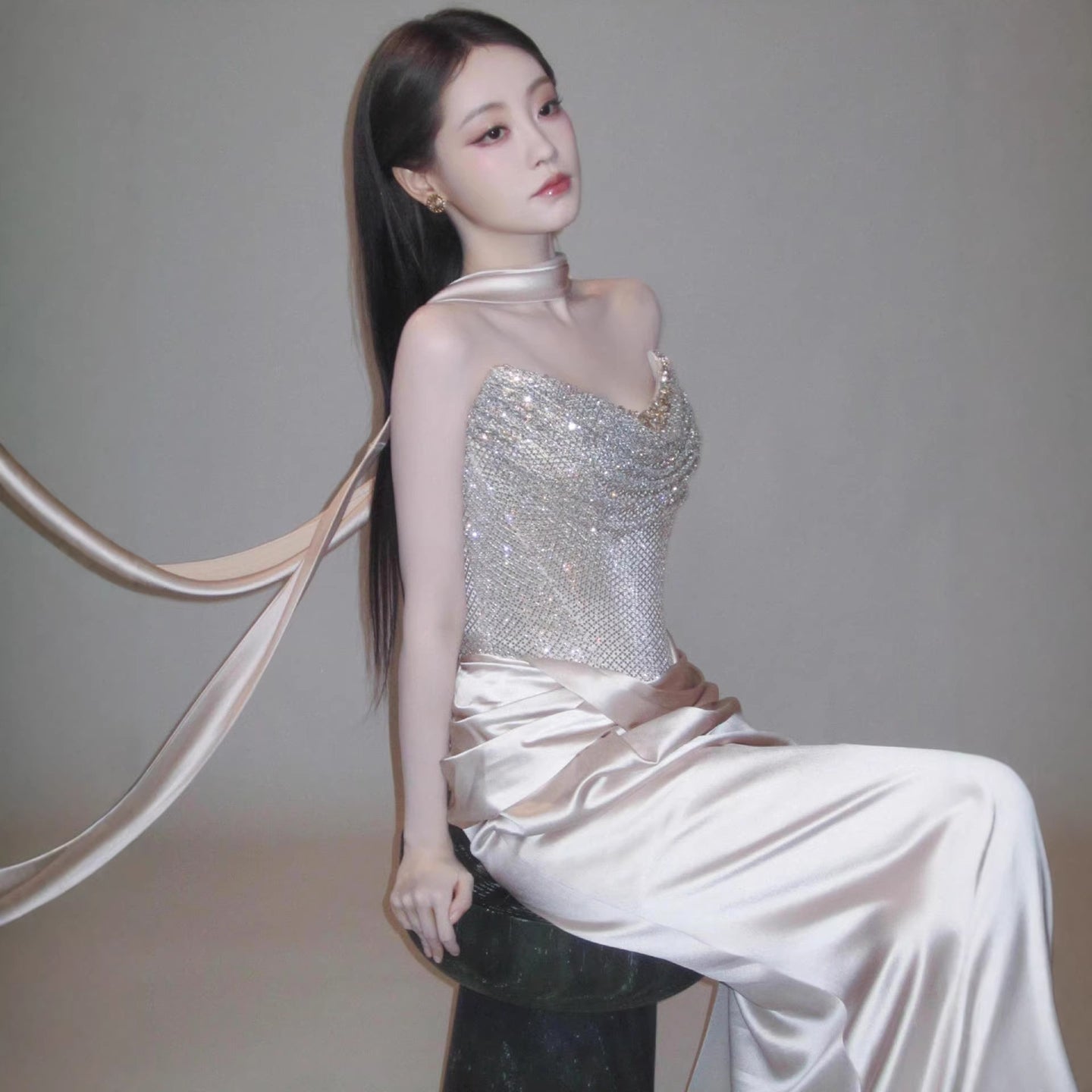 Luxury Champagne Beaded Mermaid Evening Dress With Scarf LA73490