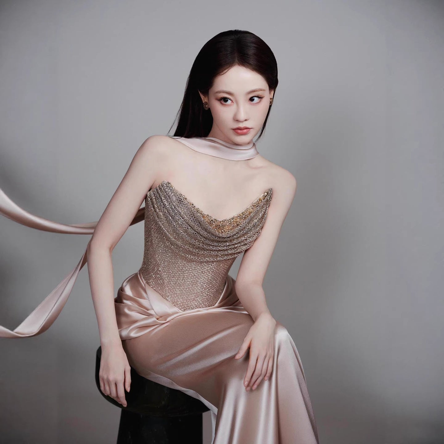 Luxury Champagne Beaded Mermaid Evening Dress With Scarf LA73490