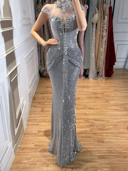 Luxury Gold Crystal Beaded Mermaid Evening Dress LA73491