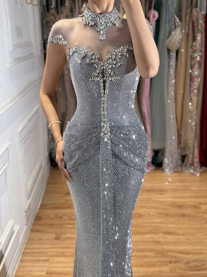 Luxury Gold Crystal Beaded Mermaid Evening Dress LA73491