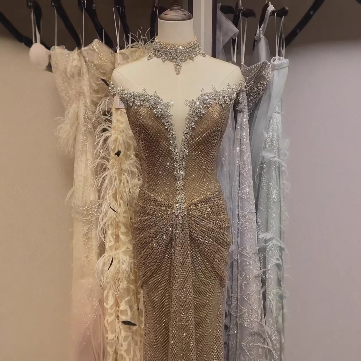 Luxury Gold Crystal Beaded Mermaid Evening Dress LA73491