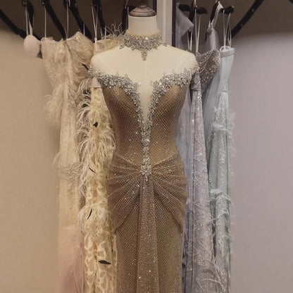 Luxury Gold Crystal Beaded Mermaid Evening Dress LA73491