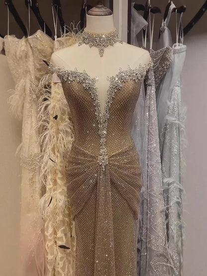 Luxury Gold Crystal Beaded Mermaid Evening Dress LA73491