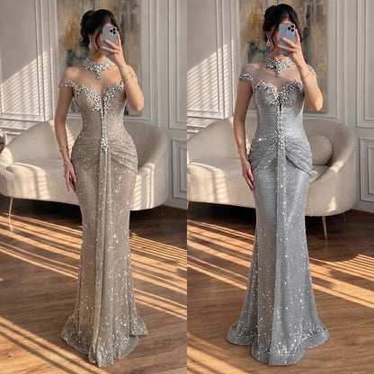 Luxury Gold Crystal Beaded Mermaid Evening Dress LA73491
