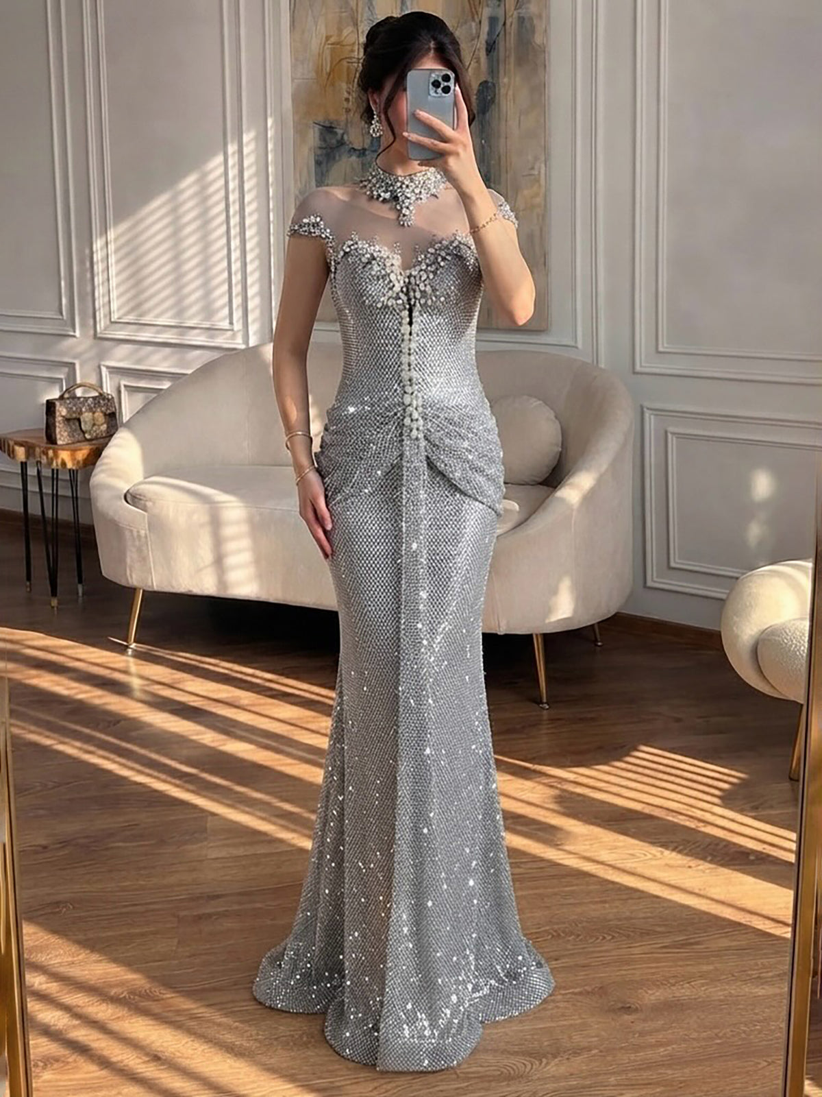 Luxury Gold Crystal Beaded Mermaid Evening Dress LA73491