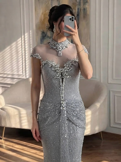 Luxury Gold Crystal Beaded Mermaid Evening Dress LA73491