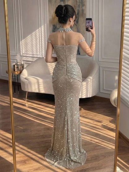 Luxury Gold Crystal Beaded Mermaid Evening Dress LA73491