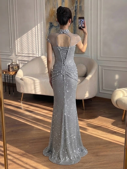 Luxury Gold Crystal Beaded Mermaid Evening Dress LA73491
