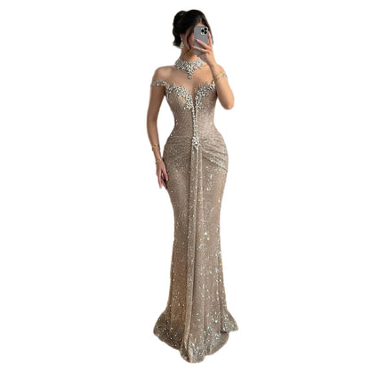 Luxury Gold Crystal Beaded Mermaid Evening Dress LA73491