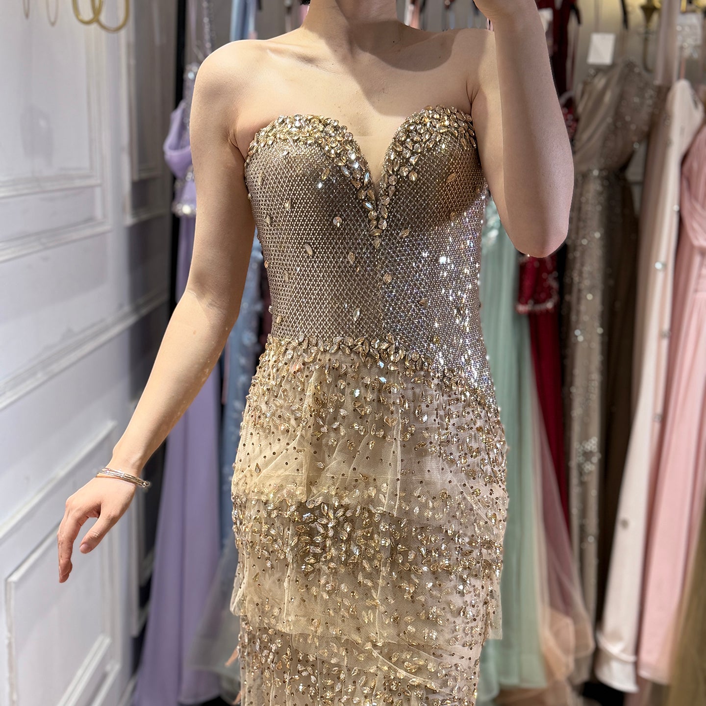 Luxury Arabic Gold Strapless Crystal Beaded Evening Dress LA73492