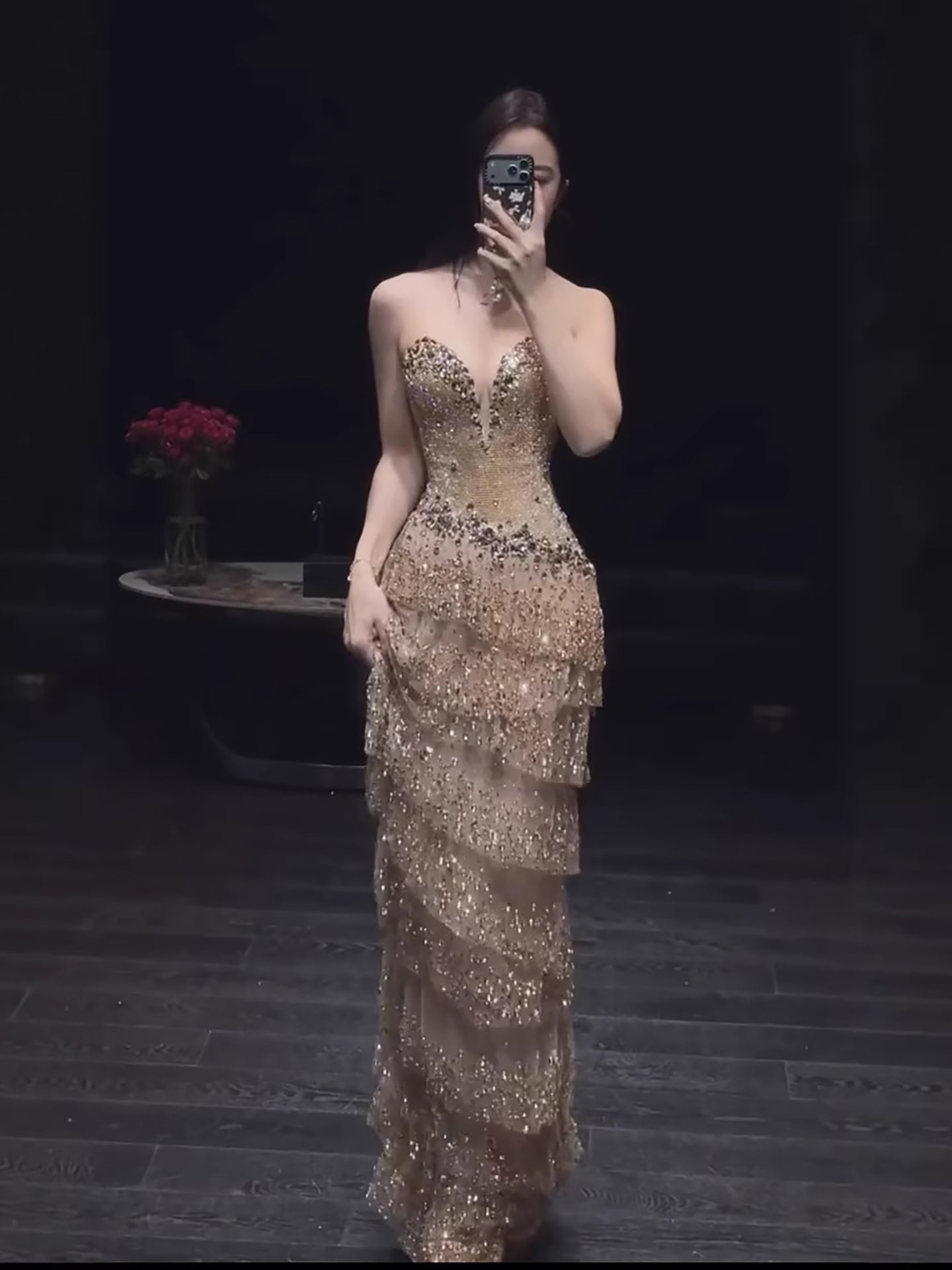 Luxury Arabic Gold Strapless Crystal Beaded Evening Dress LA73492