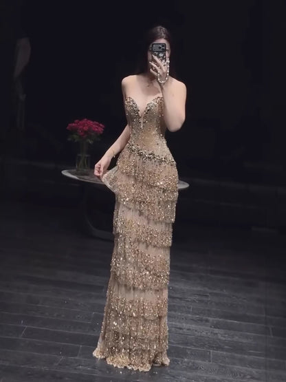 Luxury Arabic Gold Strapless Crystal Beaded Evening Dress LA73492