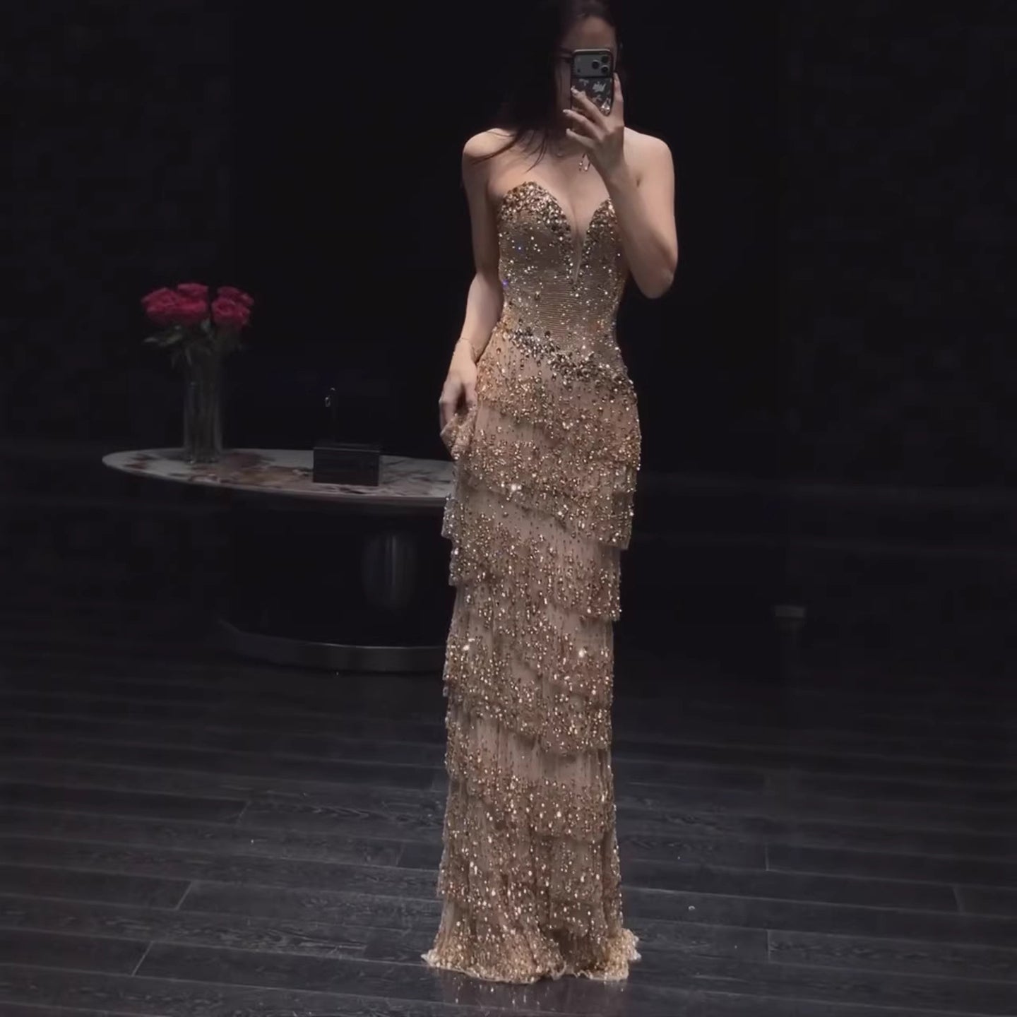 Luxury Arabic Gold Strapless Crystal Beaded Evening Dress LA73492