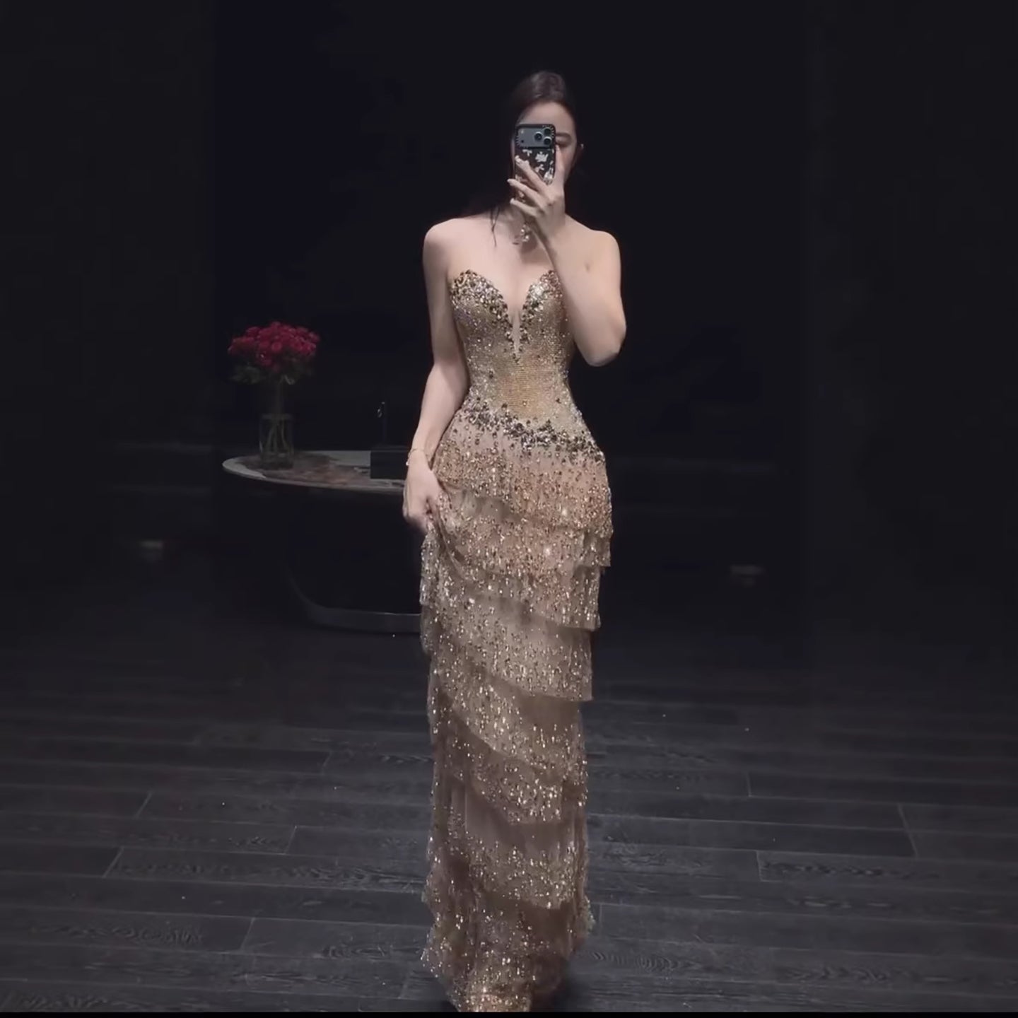 Luxury Arabic Gold Strapless Crystal Beaded Evening Dress LA73492