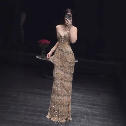 Luxury Arabic Gold Strapless Crystal Beaded Evening Dress LA73492