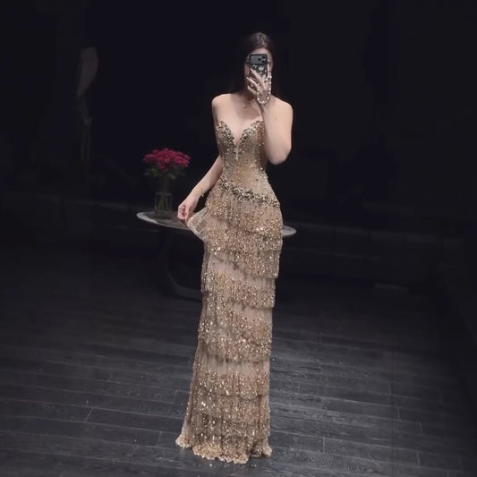 Luxury Arabic Gold Strapless Crystal Beaded Evening Dress LA73492
