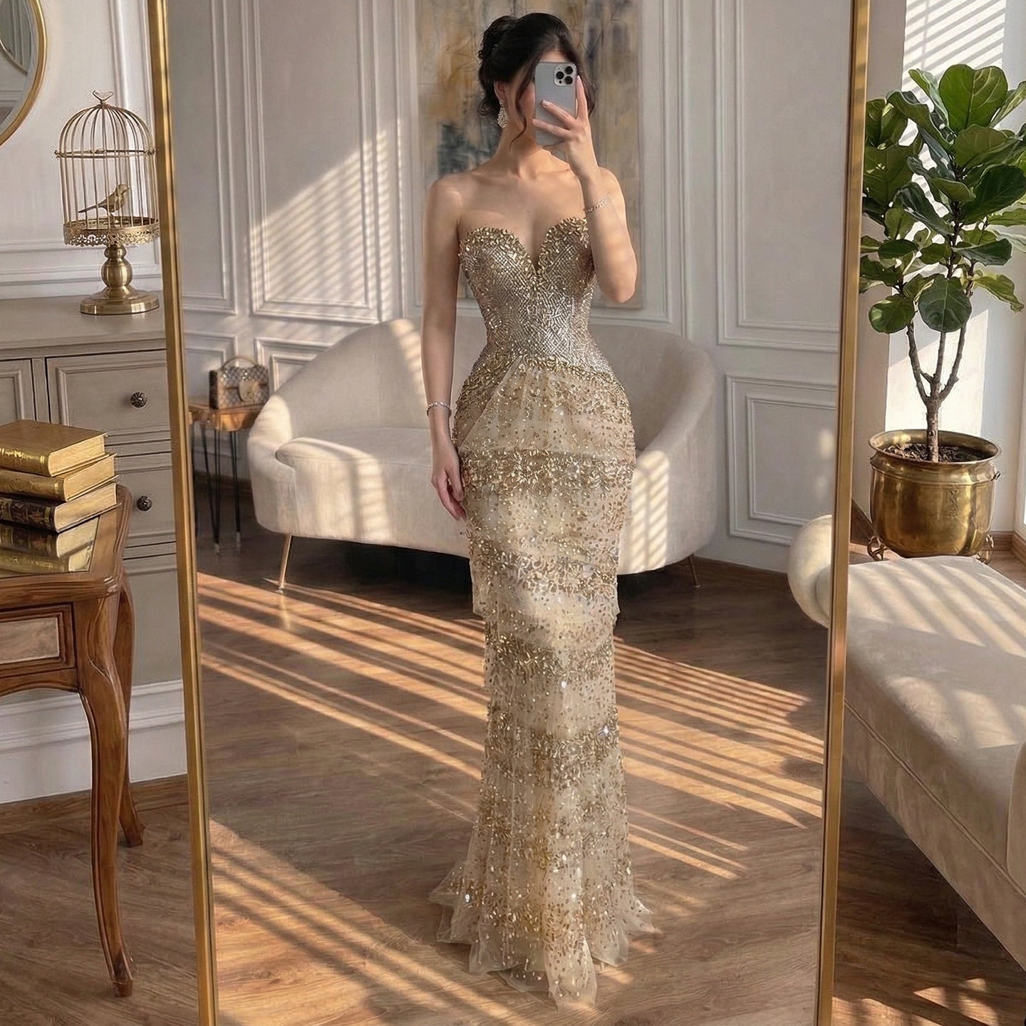 Luxury Arabic Gold Strapless Crystal Beaded Evening Dress LA73492