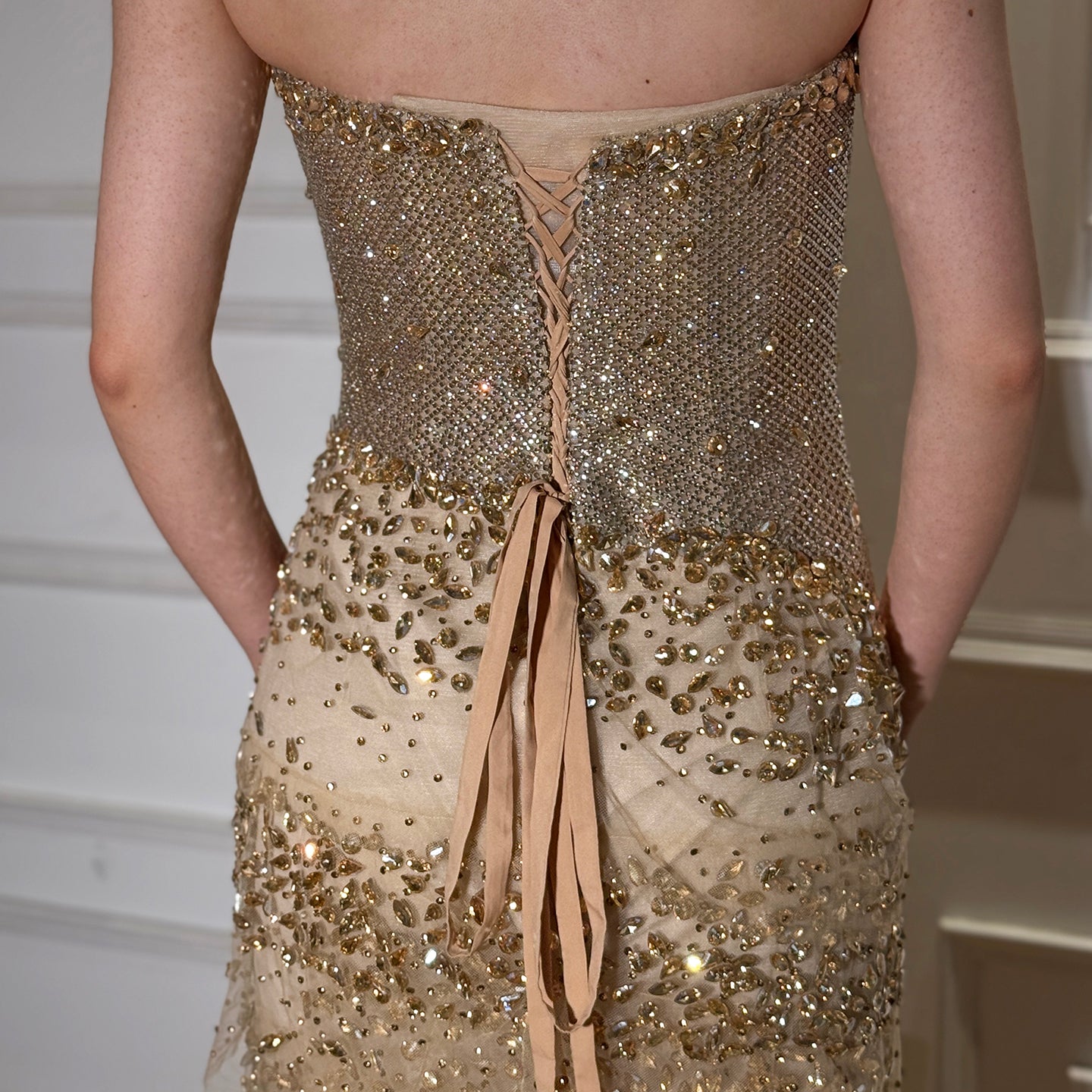 Luxury Arabic Gold Strapless Crystal Beaded Evening Dress LA73492