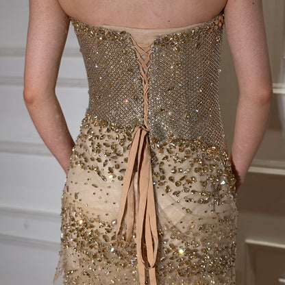 Luxury Arabic Gold Strapless Crystal Beaded Evening Dress LA73492