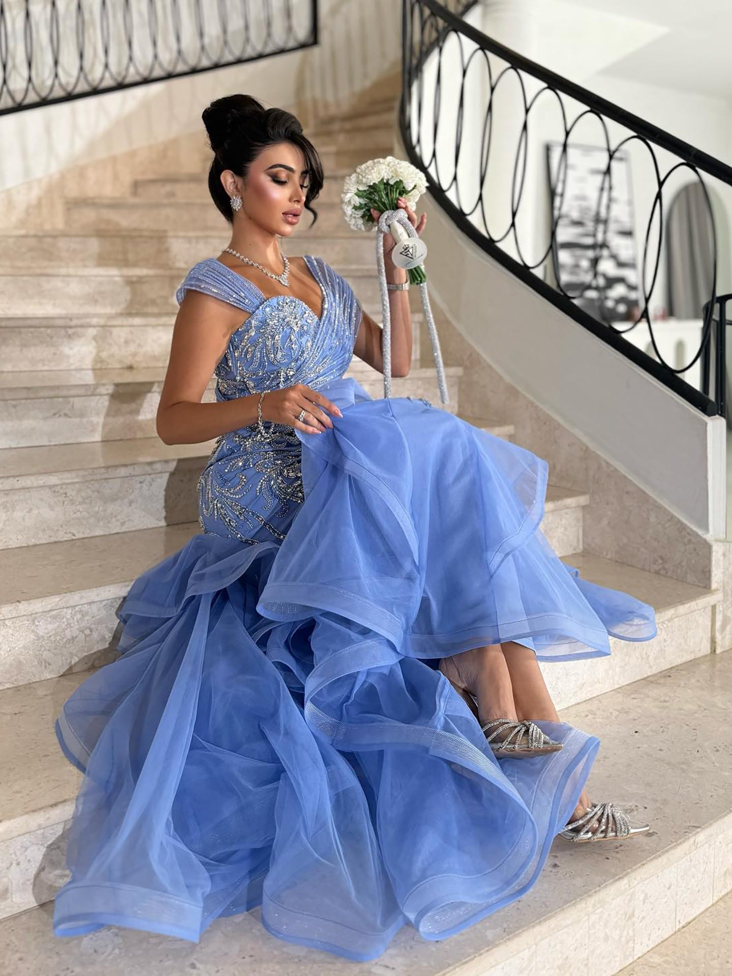 Luxury Blue Off The Shoulder Beaded Mermaid Evening Dress LA73503
