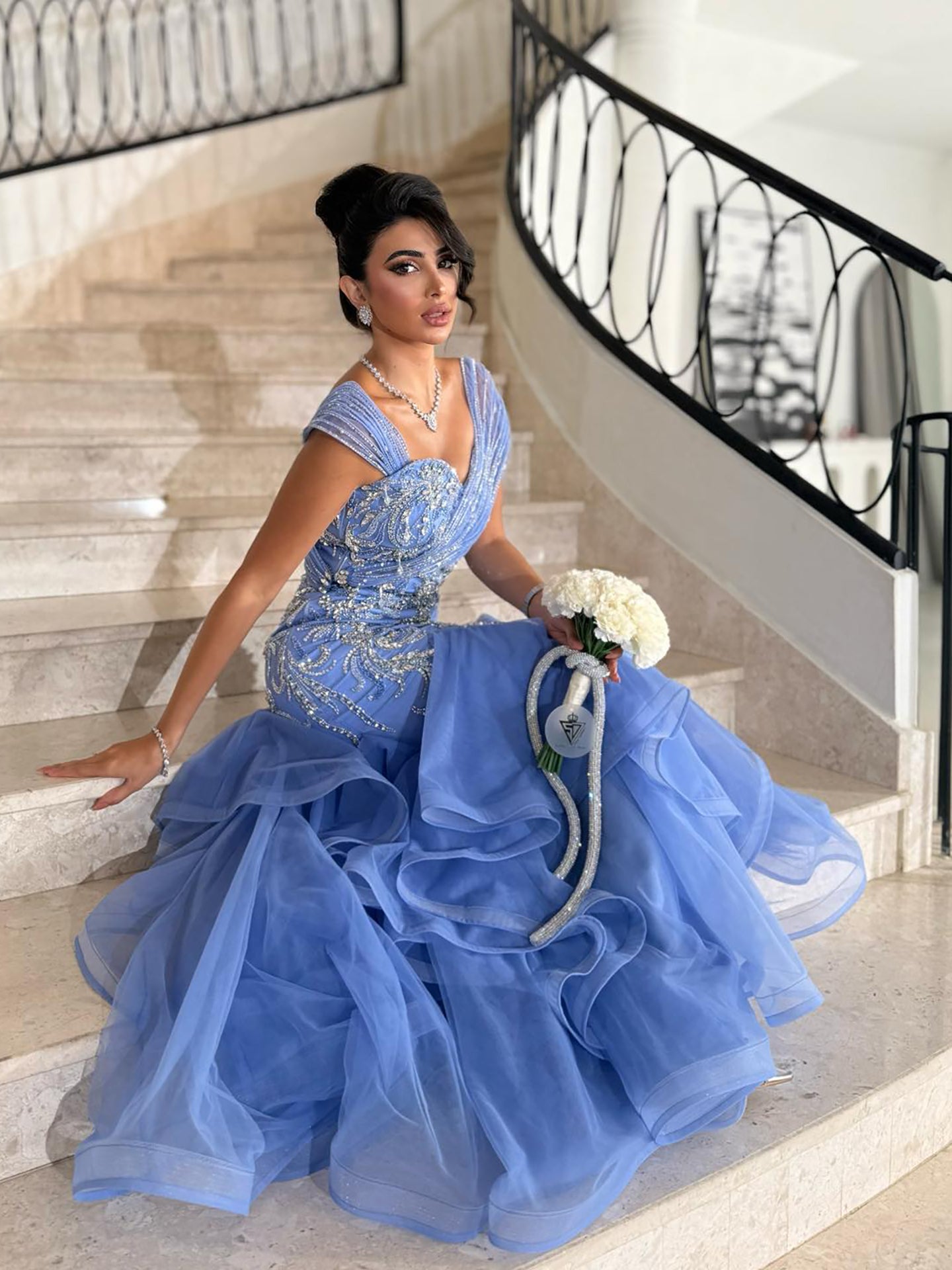 Luxury Blue Off The Shoulder Beaded Mermaid Evening Dress LA73503