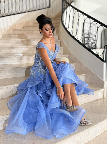 Luxury Blue Off The Shoulder Beaded Mermaid Evening Dress LA73503