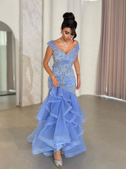 Luxury Blue Off The Shoulder Beaded Mermaid Evening Dress LA73503