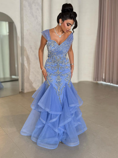 Luxury Blue Off The Shoulder Beaded Mermaid Evening Dress LA73503