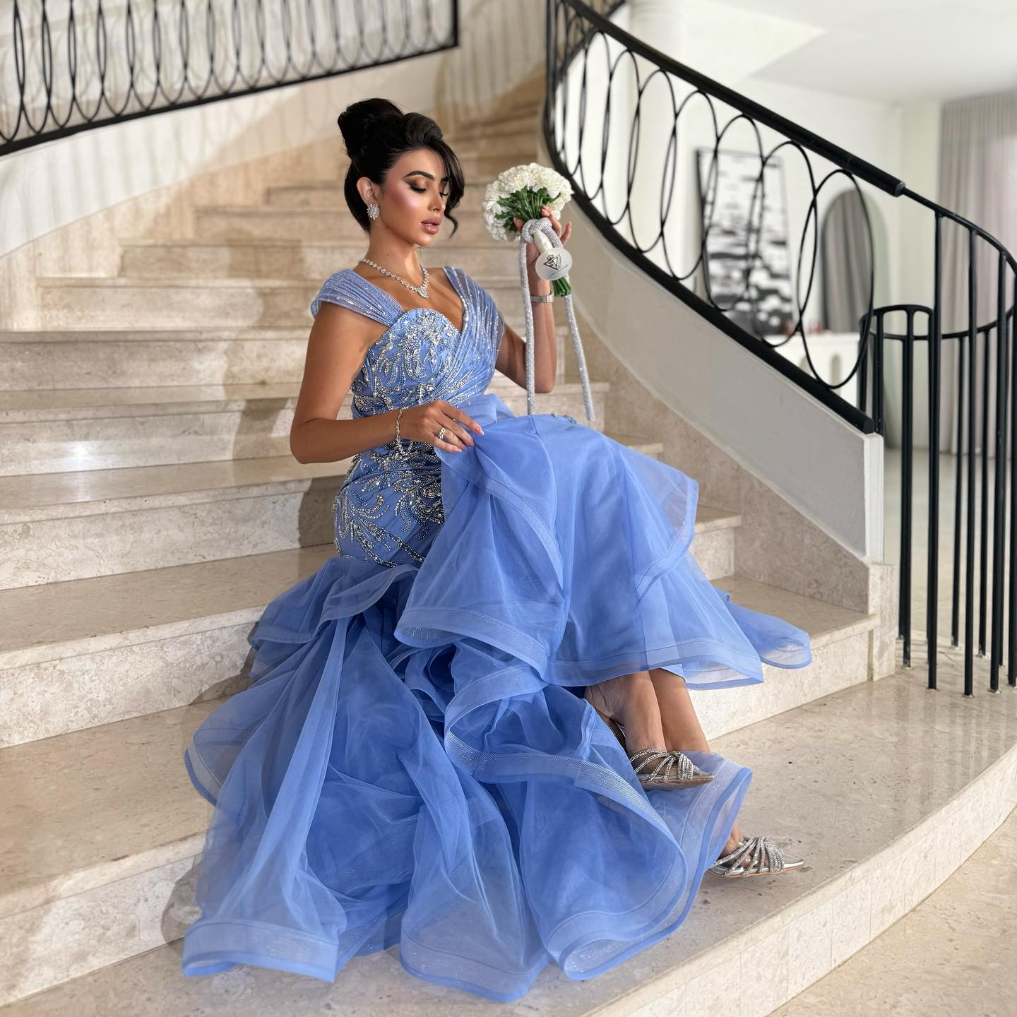Luxury Blue Off The Shoulder Beaded Mermaid Evening Dress LA73503