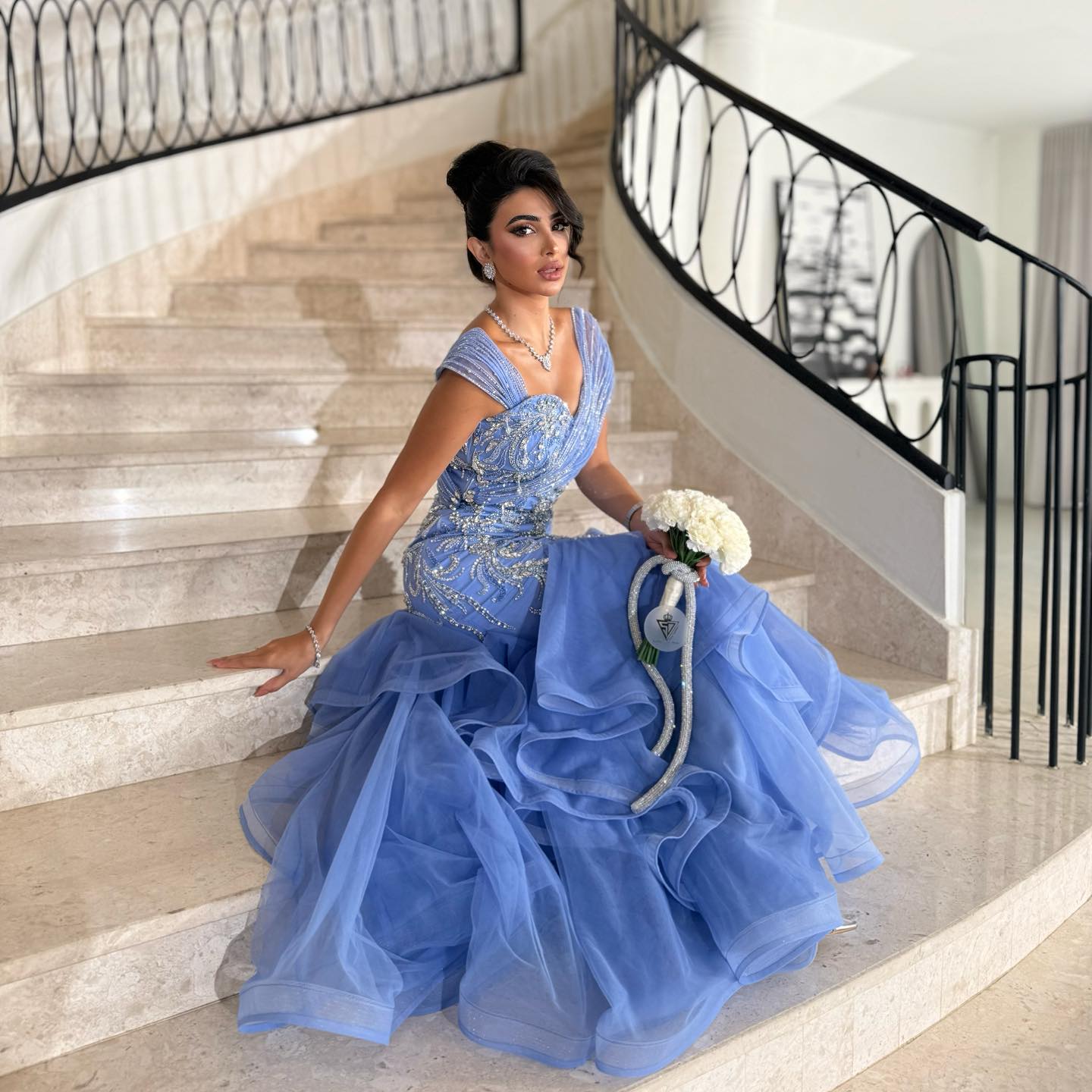 Luxury Blue Off The Shoulder Beaded Mermaid Evening Dress LA73503