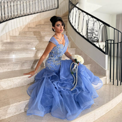 Luxury Blue Off The Shoulder Beaded Mermaid Evening Dress LA73503