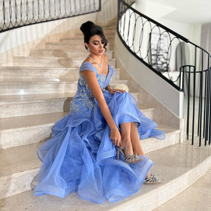 Luxury Blue Off The Shoulder Beaded Mermaid Evening Dress LA73503