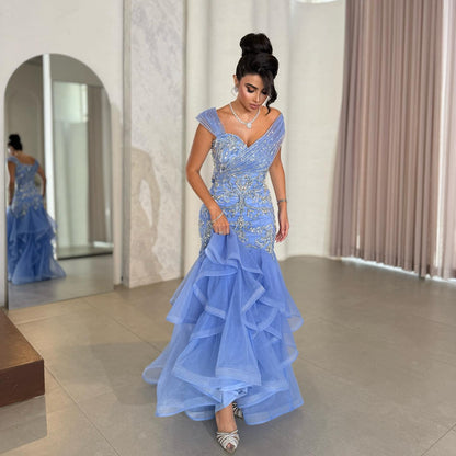 Luxury Blue Off The Shoulder Beaded Mermaid Evening Dress LA73503