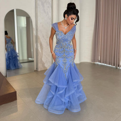 Luxury Blue Off The Shoulder Beaded Mermaid Evening Dress LA73503