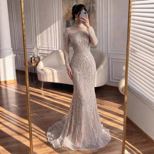 Luxury Nude Modest Long Sleeves Diamond Beaded Mermaid Evening Dress LA73504A